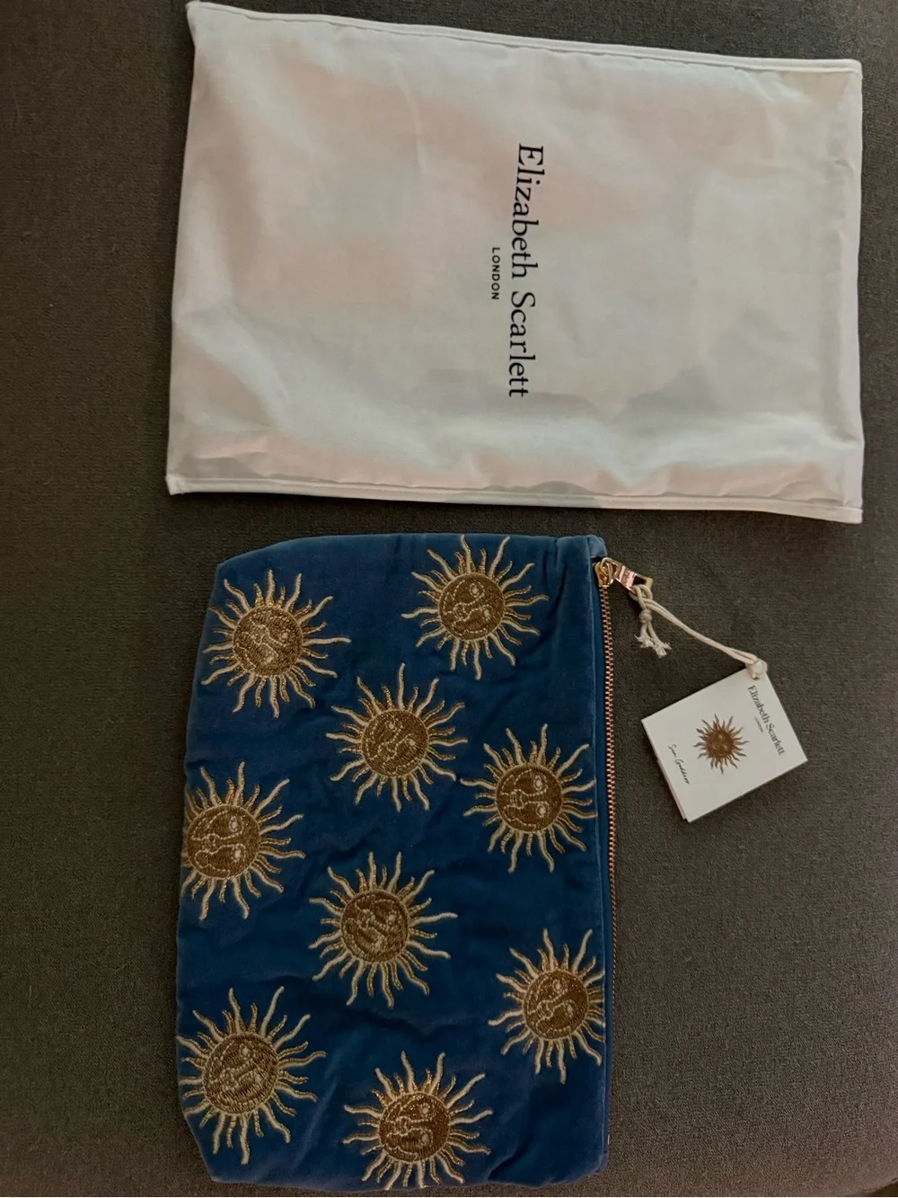 Elizabeth Scarlett- Sun Goddess-Blue Velvet Sun Embroidered Cosmetic Pouch
